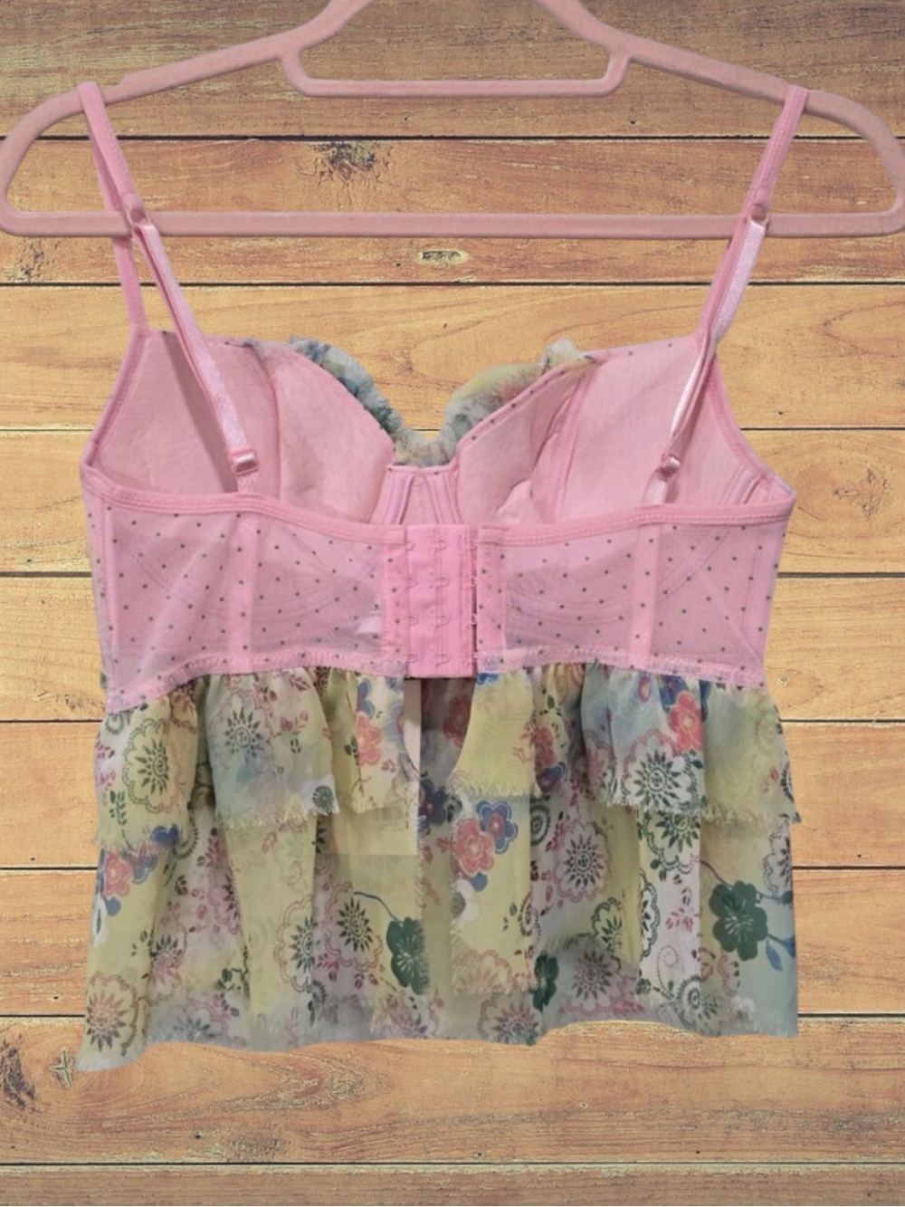 Necessary Objects Pink Floral Polka Dot Sheer Fairycore Bra Top Ruffle Tier NWT - Picture 6 of 12